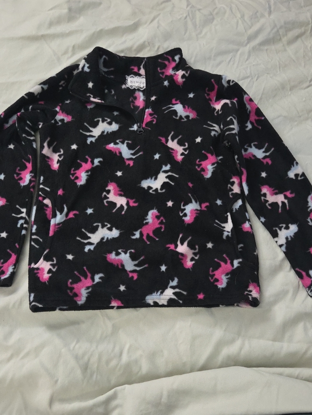 2 for $12 btween Black Fleece Pullover with Pink & White Unicorns - size 7